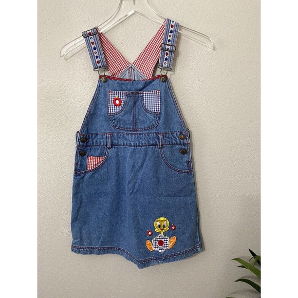 Vintage Other - Vintage Looney Tunes Denim Overall Dress Embroidered Tweety Bird size 12